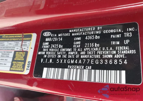 2014 Kia Optima Lx from USA, damaged, VIN 5XXGM4A77EG336854